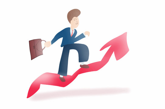 Businessman walking on the stairs, red arrow is rising, red stock goes up, finance starts to decrease, expenses are rising -  illustration