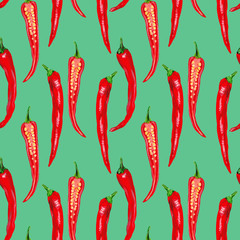 Red chili pepper with half on a green background. Spicy seamless pattern design for paper, wallpaper, textile, packaging.