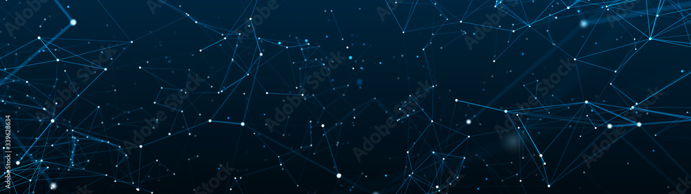 Poster digital plexus of glowing lines and dots. abstract background. ultra wide illustration. network or c