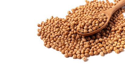 Dry organic chickpeas in a wooden spoon isolated on white background with space. Top view. 
