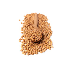 Dry organic chickpeas in a wooden spoon isolated on white background with space. Top view. 
