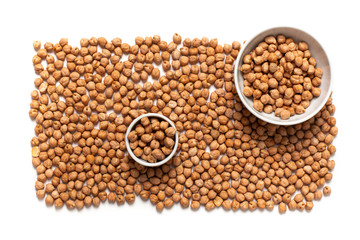 Chickpeas isolated on white background in white cup. Top view