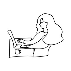 Girl works at a laptop at home. Remote work, freelancer, work from home. Black and white doodle vector