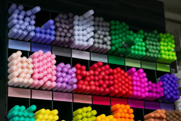Group of multicolored felt-tip pens as school, colledge and university tools on shells. Colorful pencils for drawing and sketching in shop.