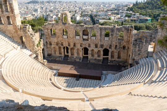 The oldest theatre of Dionysos Eleuthereus on the slope of the acropolis of Athens, Greece. August 2019