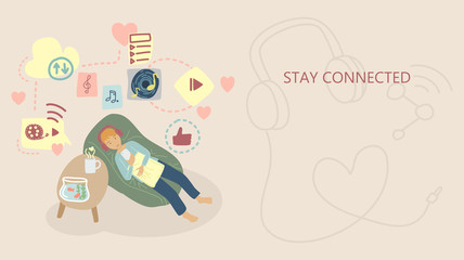 beautiful flat design in conceptual of  Stay home,Stay connected, self quarantine, social distancing in soft tone color. Man lay on big bed , listening music and sharing song via social media network.