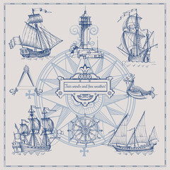 Set of decorative elements for the design of an old geographical map. Ancient caravel, sea monsters, anchor, ship's wheel, compass-meter, wind rose, framework for inscriptions, cartouche. - obrazy, fototapety, plakaty
