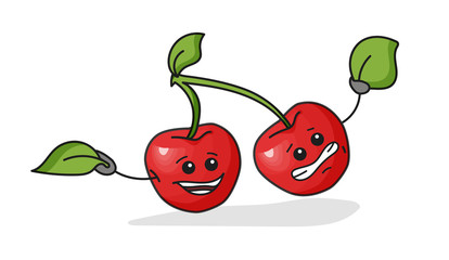 Cherry berry with leaf. Vector flat cartoon icon with emotions