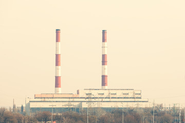 Pipes Heat Power Station, environmental pollution concept.