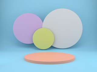 3d rendering studio with geometric shapes, podium on the floor. Platforms for product presentation, mock up background.