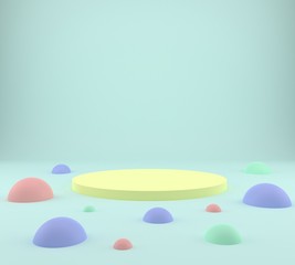 3d rendering studio with geometric shapes, podium on the floor. Platforms for product presentation, mock up background.