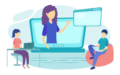 Online courses vector illustration. Flat person learn virtual concept. Modern knowledge development using internet training, teaching. Webinar and distance lesson service. Web presentation video