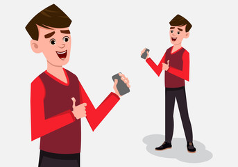 cartoon boy character standing pose with smart phone in hand. character for custom animation. Character design for animation. stylized character set for animation.