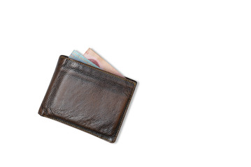 Top view brown wallet with money in the bag on white background, Clipping path