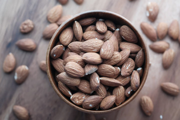high angle view of raw almond in a bowl 