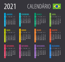 2021 Calendar - vector illustration. Template. Mock up. Brazilian version
