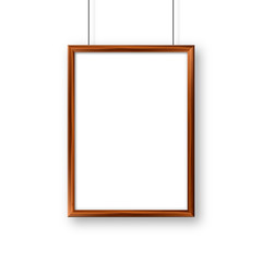 Realistic hanging on a wall blank wooden picture frame. Modern poster mockup. Empty photo frame with texture of wood. Vector illustration.