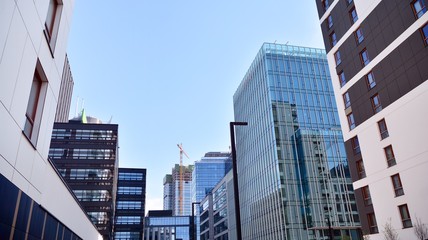 Obraz premium Blue curtain wall made of toned glass and steel constructions under blue sky. A fragment of a building.