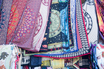 Colorful large scarves on street market in Athens, Greece