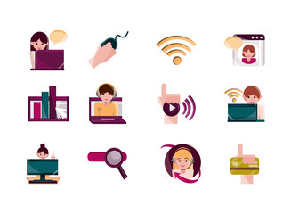 online activities, digital connection communication set icons flat style icon