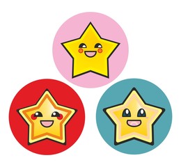 Japanese manga stars hand drawn vector illustration sticker set isolated on white background. Cute cartoon happy yellow stars or starfish with smile and black eyes