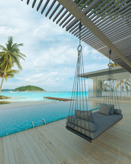Sea view swimming pool in modern loft design,Luxury ocean Beach house, 3d rendering