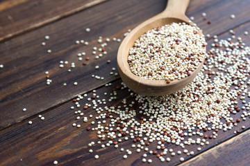 Organic quinoa grains in wooden spoon, Gluten free. Concept Healthy food. Seeds of Chenopodium quinoa