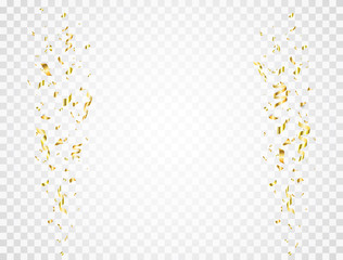 Confetti golden splash. Gold glitter confetti falling on transparent background. Shiny party frame. Bright festive tinsel. Celebration holiday design elements for web, flyer. Vector illustration