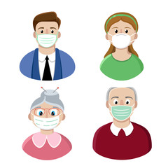 Set of flat vector icons people wearing medical masks. Young man, young girl, elderly lady and elderly man  follow the rules of quarantine and put on masks. 