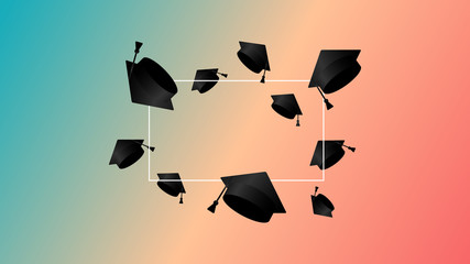 Class of gradient background. Thrown up black education academic cap. Template for graduation design, high school, college congratulation graduate, yearbook. Vector illustration