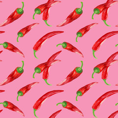 Chili peppers on pink background hand drawn seamless pattern. Manual illustration in gouache. Natural background for wallpaper, background, fabric, textile, cafe, restaurant, resort, exotic, packaging