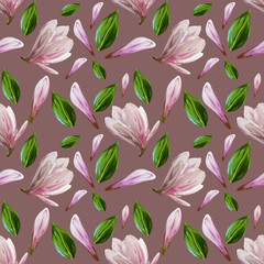 Seamless pattern with blooming magnolia flowers and leaves. Watercolor illustration. Pattern on isolated brown background for your design, wrapping paper, fabric, background