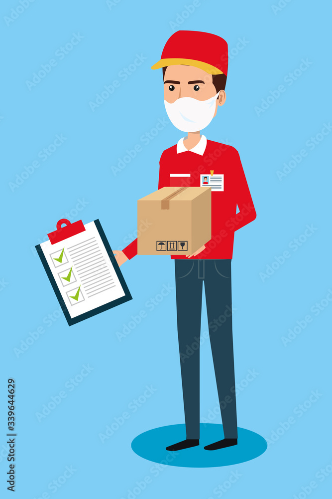 Poster delivery worker using face mask with box carton and clipboard vector illustration design