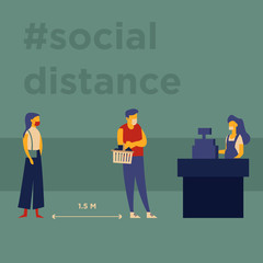 Social distance vector illustration with people waiting in supermarket line with hashtag for coronavirus covid19 