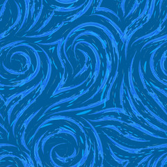 Seamless vector texture of waves and curls on a blue background with turquoise splashes of paint. Watercolor pattern for decorating fabrics or paper. Smooth lines or strokes. Light blue color. Contras