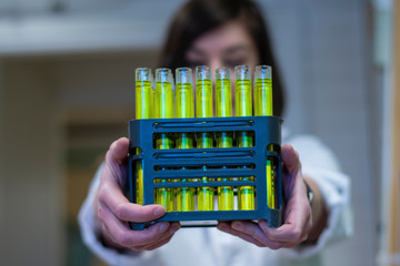 A woman scientist holding fractions of compound collected from column chromatography in a chemistry...