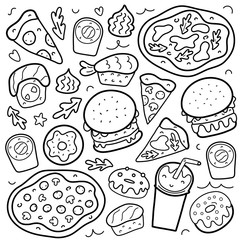 Fastfood doodle set, collection of fast food, isolated vector illustration, pizza, burgers and sushi rolls, philadelphia and maki with salmon, icons for delivery cafe, takeout food restaurant