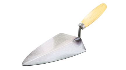 New realistic trowel for mortar and masonry work, isolated on white background. Construction tool with wooden handle. Vector illustration - obrazy, fototapety, plakaty
