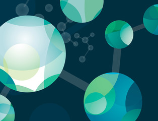 Science molecules structure with connected circles and blue and green bubbles in an abstract composition