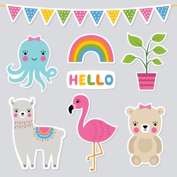 Cute animal stickers, vector set