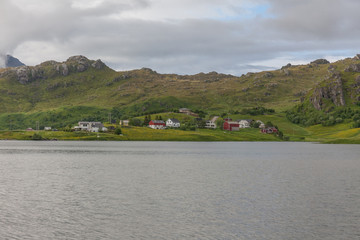 End of fjord. Beautiful Norwegian landscape. view of the fjords. Norway ideal fjord reflection in clear water In cloudy weather. selective focus