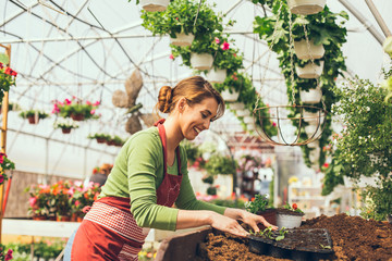 Attractive young woman in a flower center.