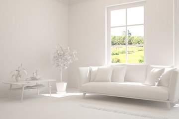 White minimalist living room with sofa. Scandinavian interior design. 3D illustration