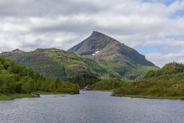 Norwegian summer landscape fjord, mountains, Norway. selective focus, Colorful morning scene in Norway.