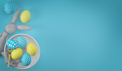 Blue and yellow Easter eggs in a plate and a cute rabbit on a blue background. Easter banner or poster. 3D rendering.