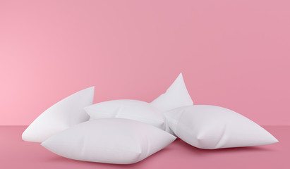 A pile of white pillows on a soft pink background. 3D rendering.