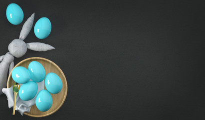 Easter eggs in a plate and a cute toy rabbit. happy Easter. Easter banner or poster. 3D rendering.