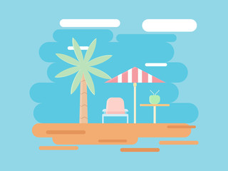 Obraz premium Beach and summer illustration, holiday vector flat design. Design for backdrop, presentation, banner, wallpaper etc.