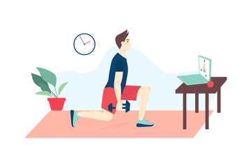 Fitness online course concept. Man doing fitness at home in online classes using his laptop. Vector flat cartoon illustration