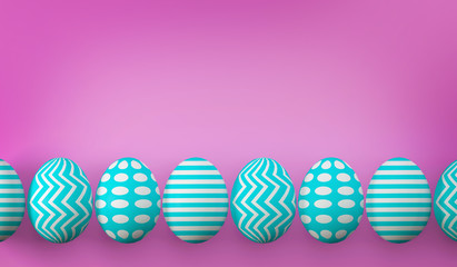 Blue Easter eggs with a pattern on a pink background. happy Easter. Easter banner or poster. 3D rendering.
